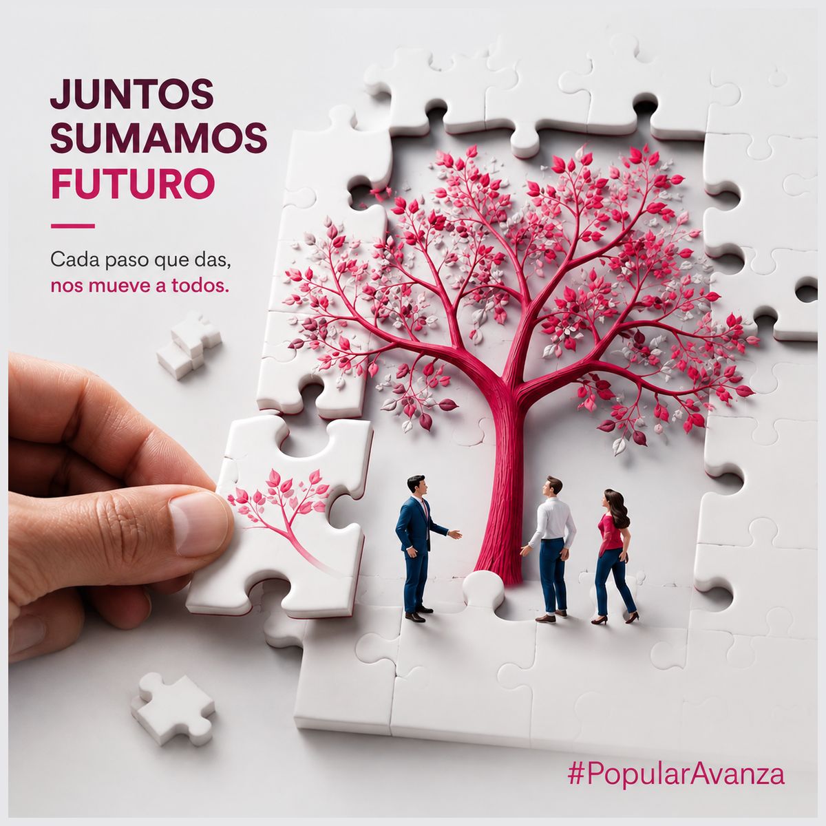 Pieza de social media Juntos Sumamos Futuro: un puzle blanco con un árbol de hojas magenta y figuras en miniatura