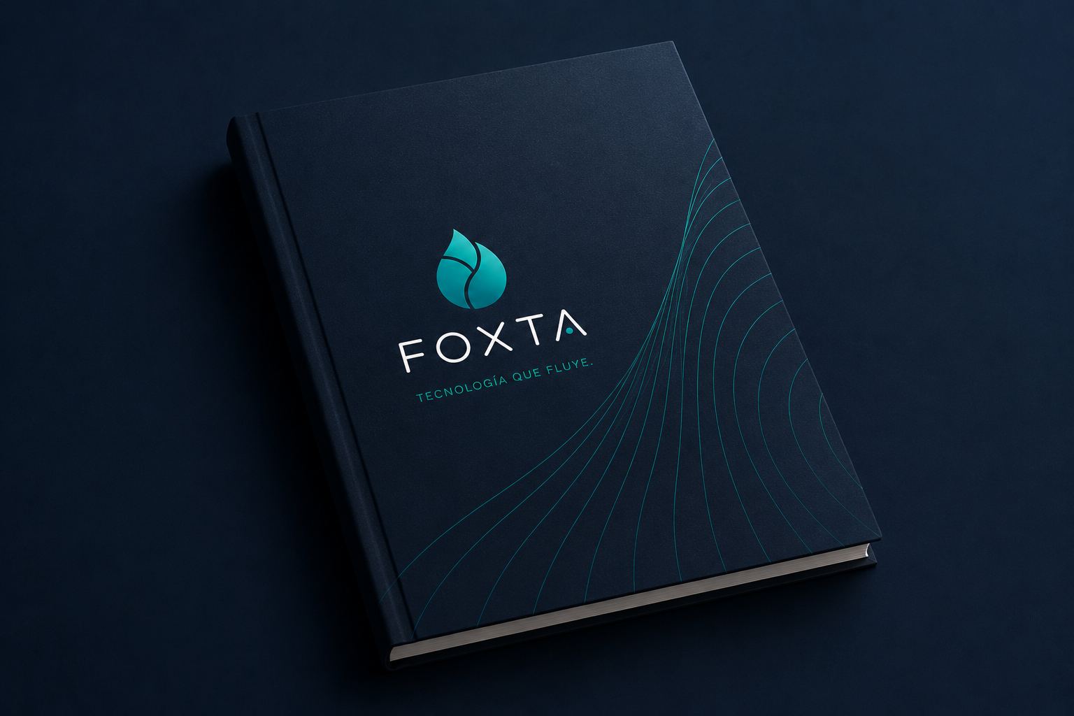 Manual de marca de Foxta: libro de tapa dura azul oscuro con el logotipo y el patrón de líneas en onda impreso al margen