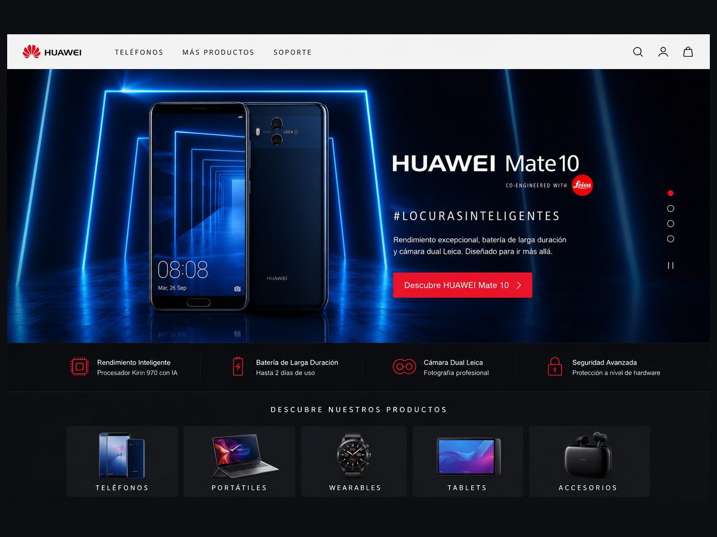 Home del ecommerce de Huawei España con el lanzamiento del Mate 10 a pantalla completa y el eslogan Locuras Inteligentes