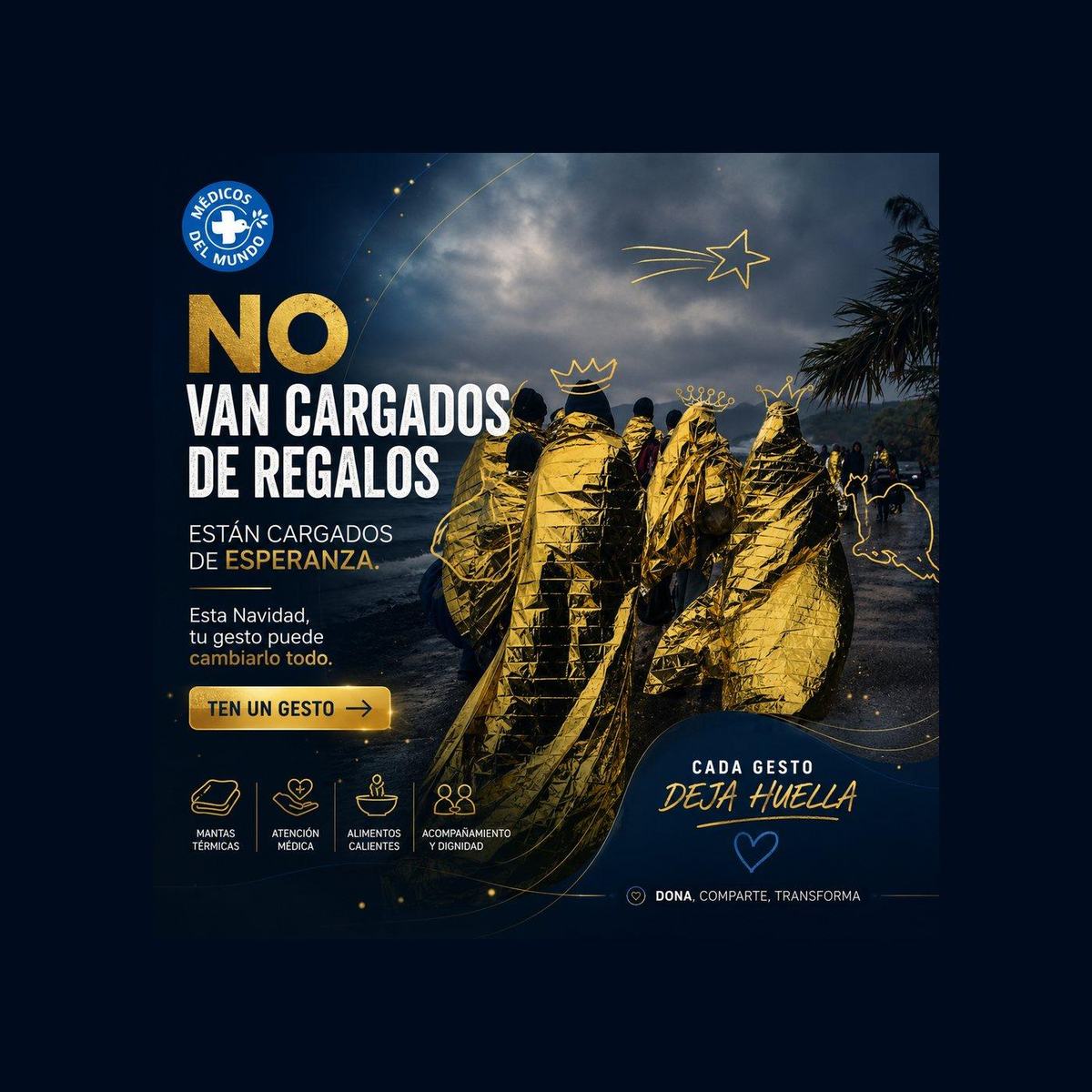 Pieza de la campaña de Navidad 2016: personas refugiadas cubiertas con mantas térmicas doradas, con coronas dibujadas encima