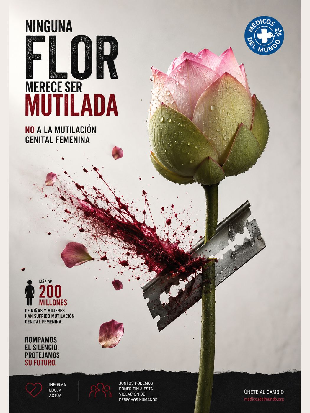 Cartel contra la mutilación genital femenina: una flor de loto seccionada por una cuchilla