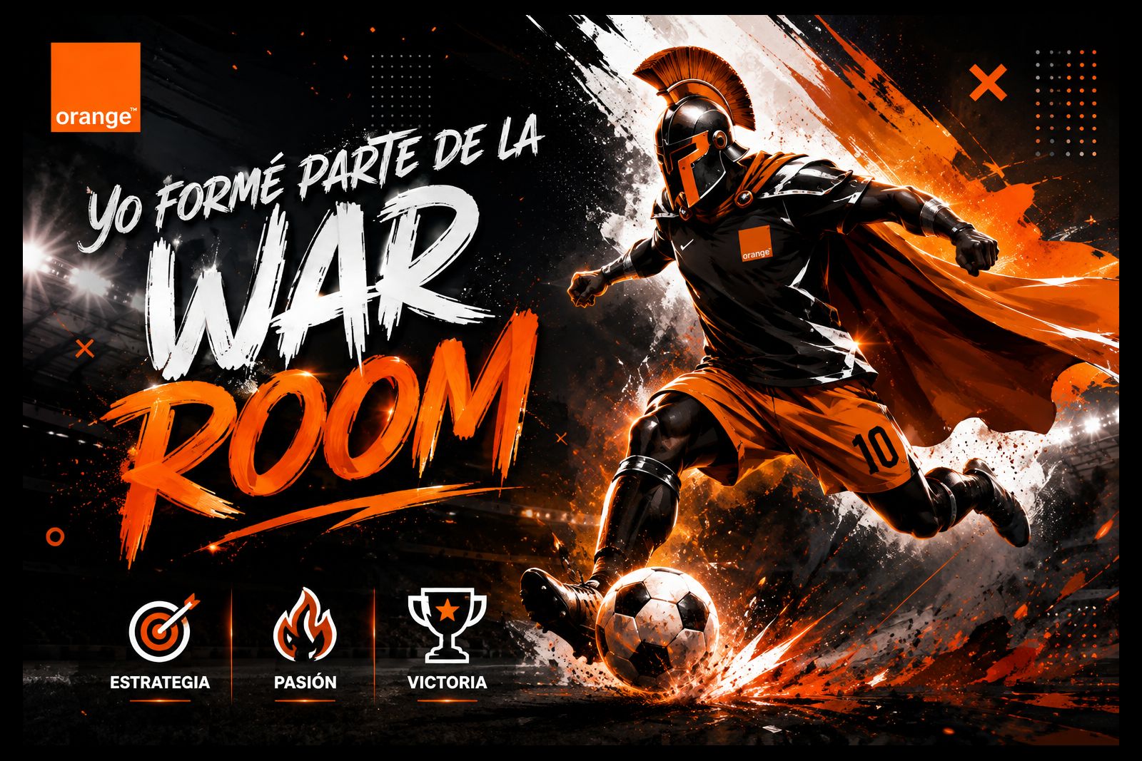 Tercera pieza de la serie War Room en formato apaisado: un futbolista con casco de gladiador y capa golpea un balón en un estadio