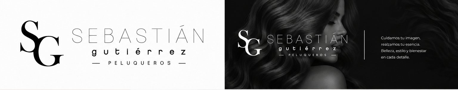 Logotipo de Sebastián Gutiérrez Peluqueros con el monograma SG entrelazado, junto a una fotografía en blanco y negro de cabello ondulado
