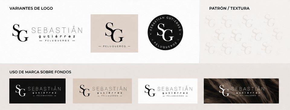 Cuatro variantes del logotipo, patrón de marca y pruebas de uso sobre fondos claros, oscuros y fotográficos