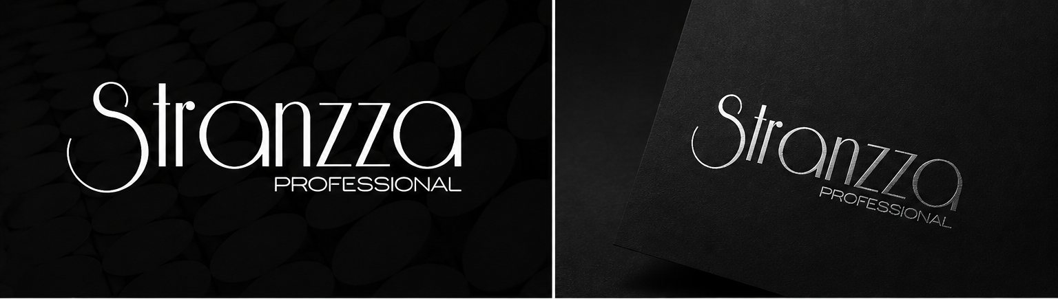 Logotipo de Stranzza Professional en blanco sobre fondo negro texturizado, y el mismo logotipo estampado en tinta plata sobre papel negro