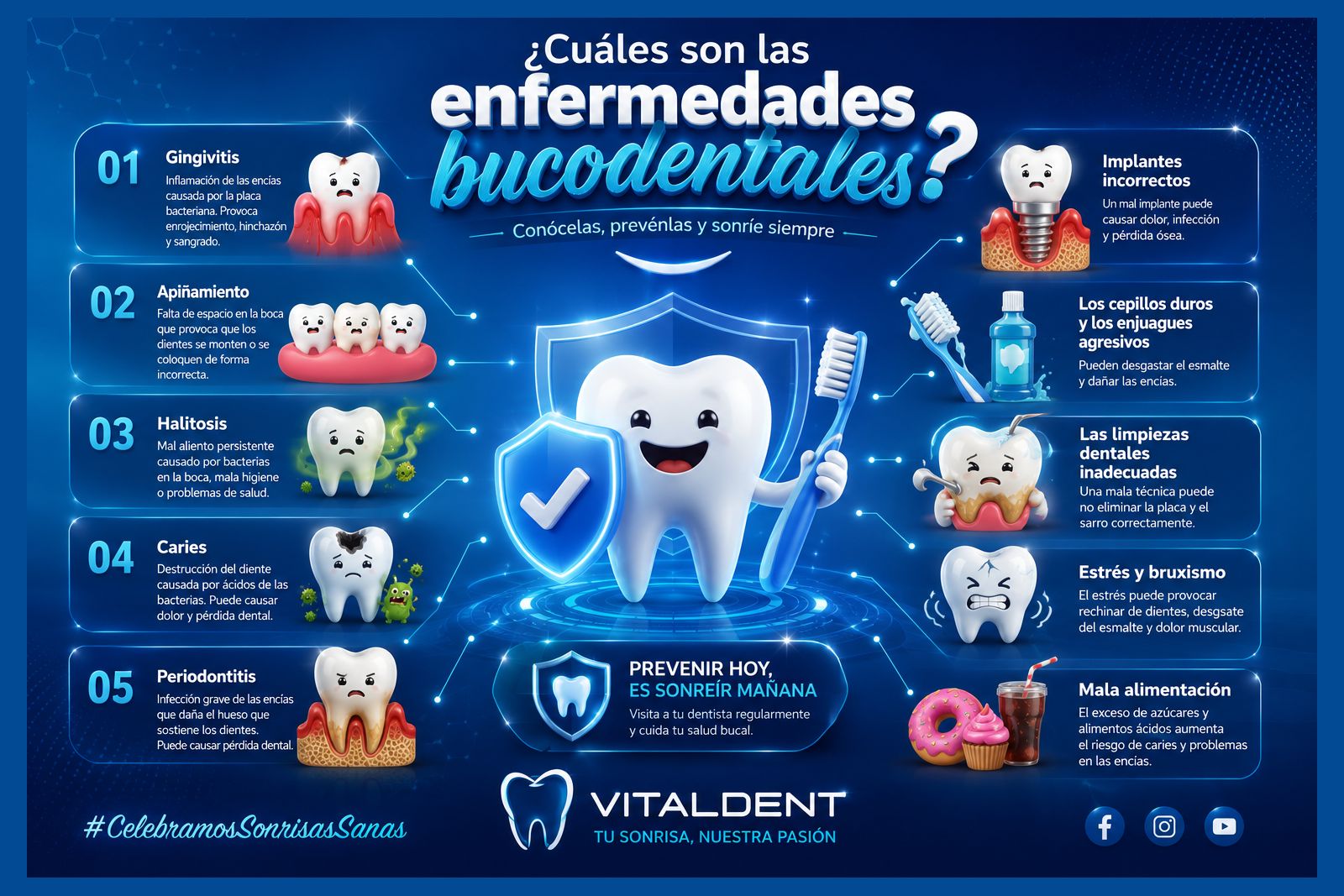 Infografía apaisada sobre enfermedades bucodentales: un diente ilustrado con escudo en el centro y diez fichas repartidas a ambos lados
