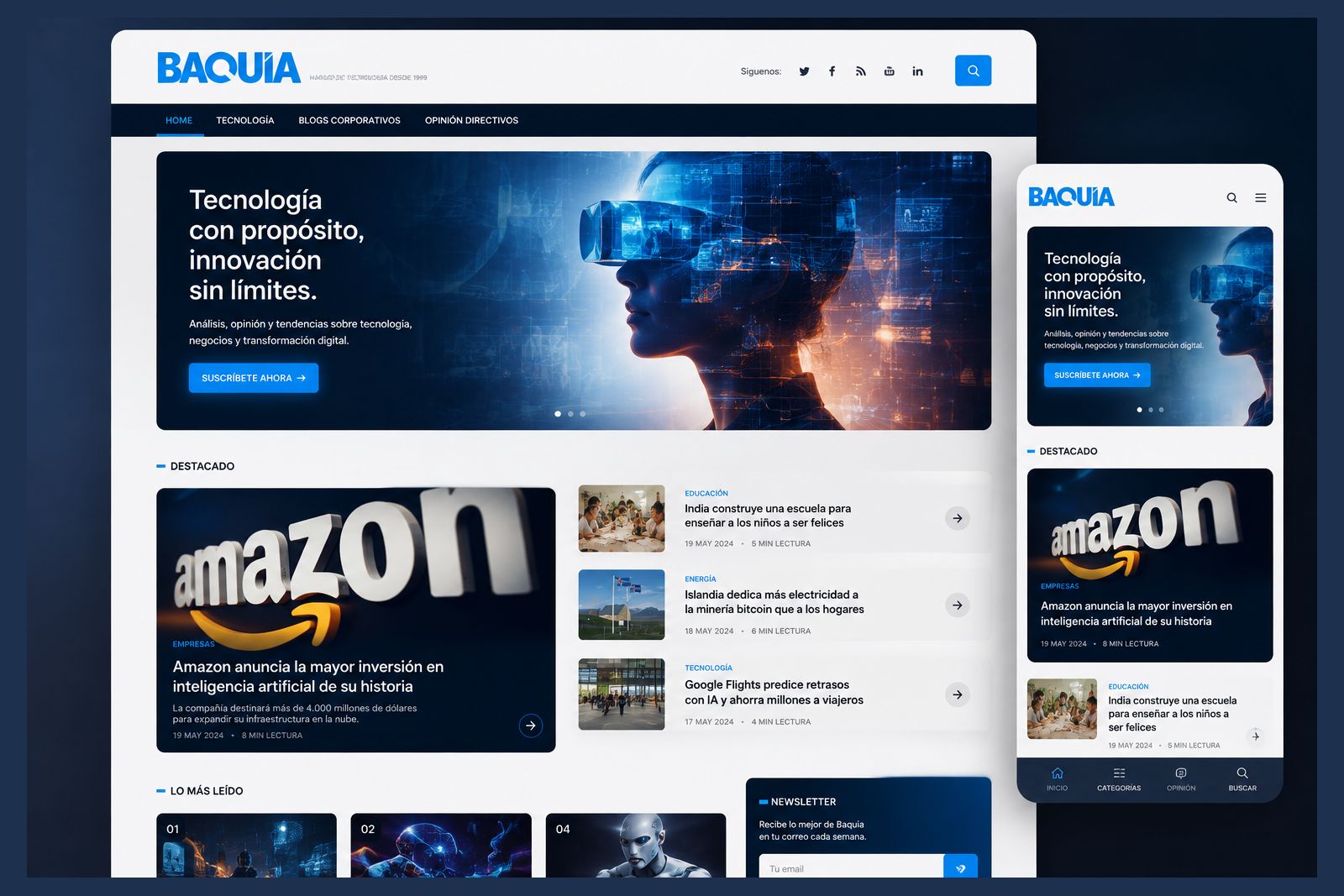 Home del medio digital Baquía con portada de tecnología, bloque de destacados y sección de lo más leído, en versión escritorio y móvil