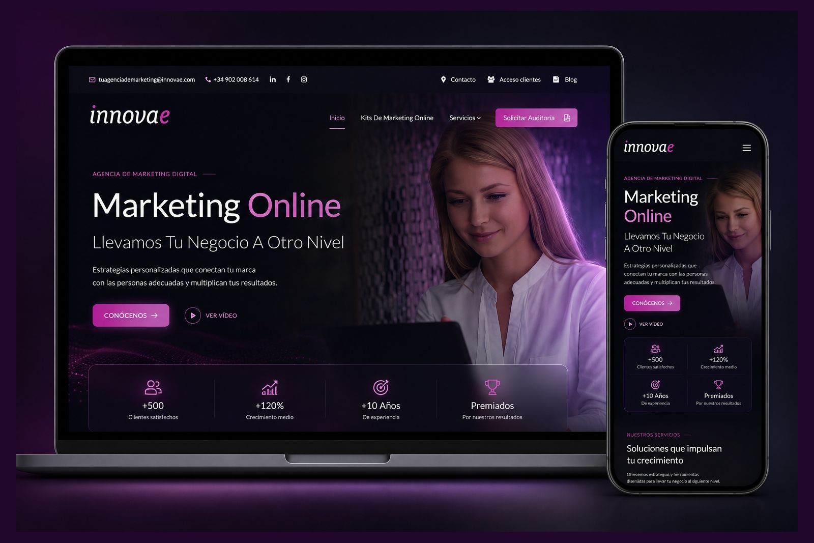 Home de la agencia Innovae sobre fondo oscuro con acentos magenta, con cuatro cifras de resultados destacadas, en versión escritorio y móvil