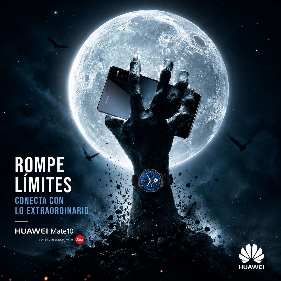 Pieza de social media del Huawei Mate 10 con el claim Rompe Límites