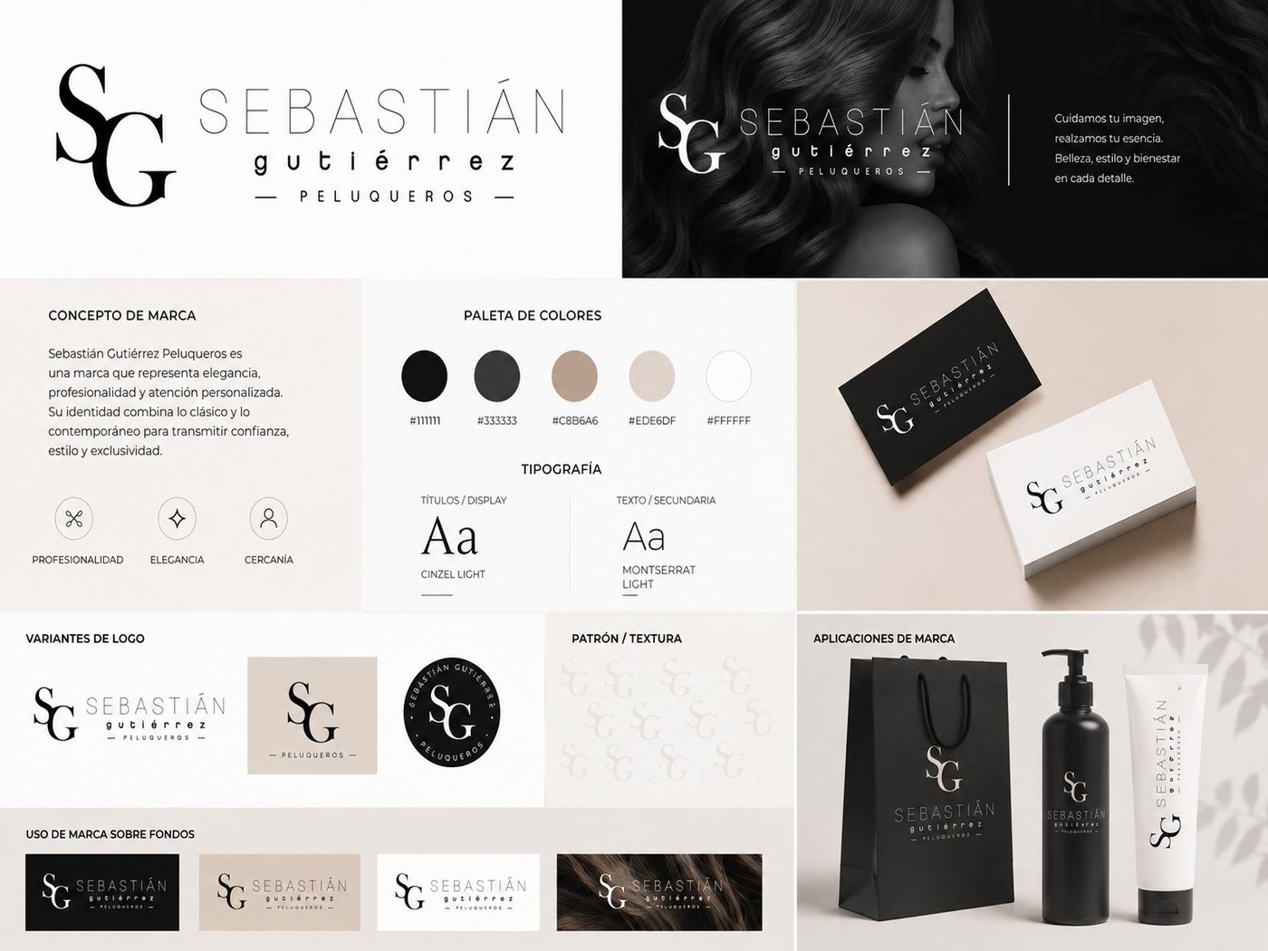 Lámina de identidad de Sebastián Gutiérrez Peluqueros con monograma, paleta y aplicaciones